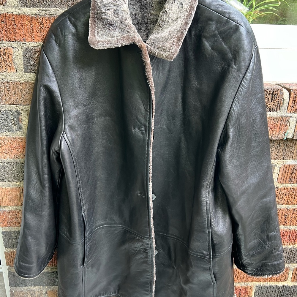 Black Leather Coat with Fur Collar